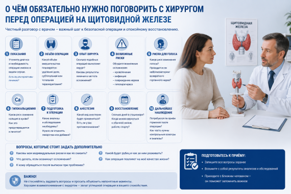 О чём обязательно нужно поговорить с хирургом перед операцией на щитовидной железе.